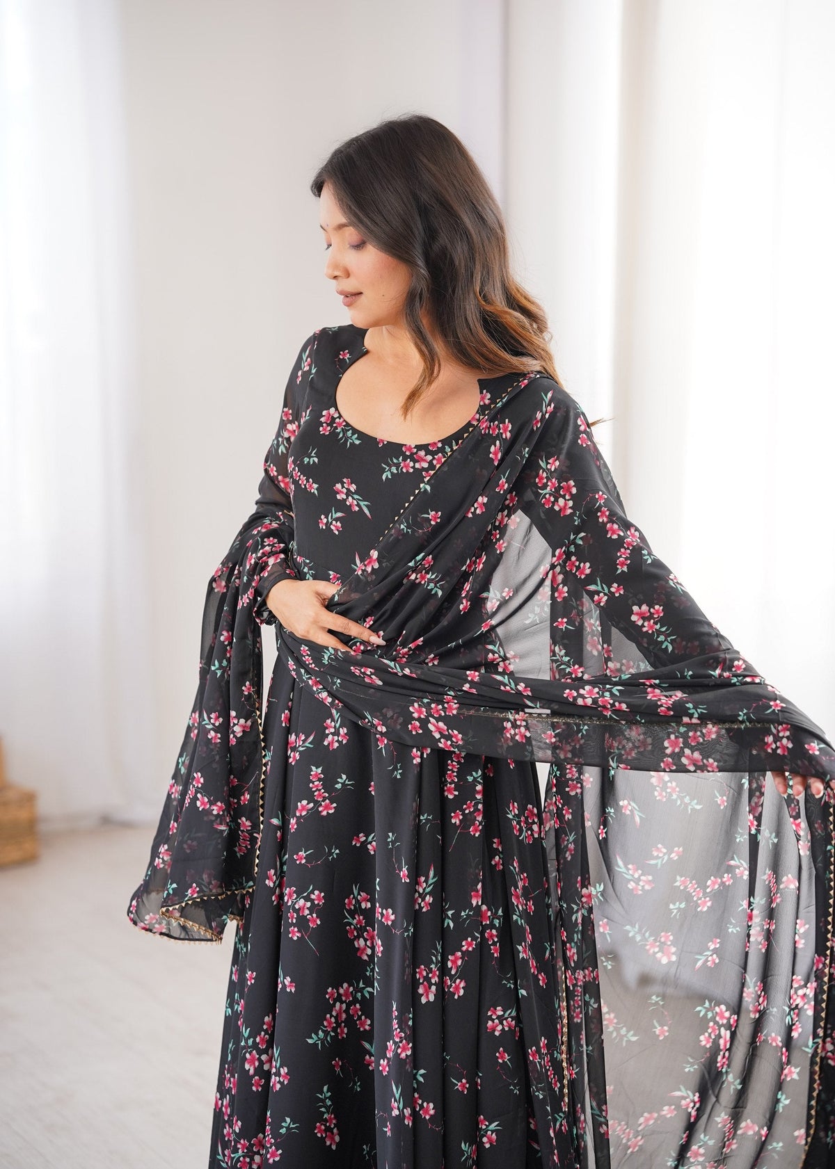 Womens Beautiful Flower Printed Party Wear Gown with Dupatta