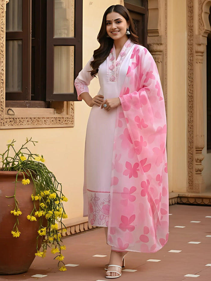 Women's Peach Printed Flared Kurta Dupatta Set