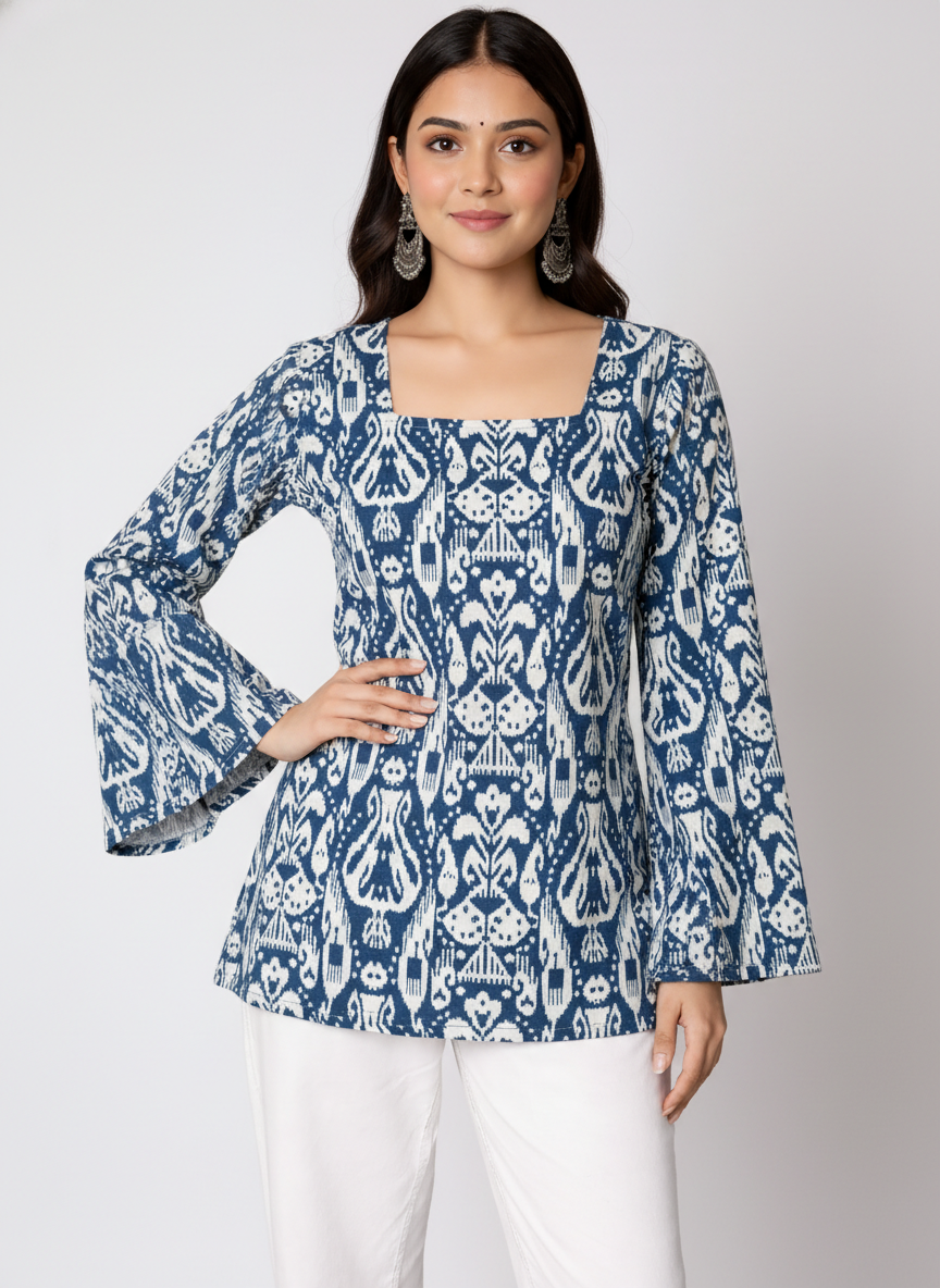 Women's Beige Floral Printed Square Neck A-Line Top