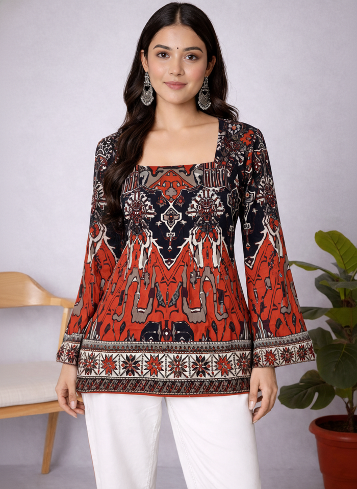 Women Floral Printed Rayon Top with Bell Sleeves