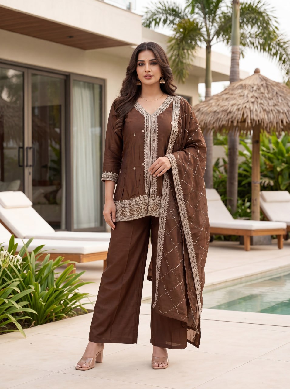 Women's Brown Ethnic Wear Kurta Palazzo Dupatta Set
