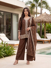 Women's Brown Ethnic Wear Kurta Palazzo Dupatta Set