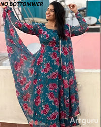 Women's Blue Floral Printed Georgette Anarkali Gown with Dupatta