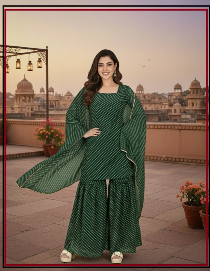 Women's Green Leheriya Print Kurta Sharara Set with Cape Dupatta  Alternative Titles: