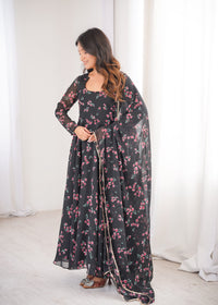 Womens Beautiful Flower Printed Party Wear Gown with Dupatta
