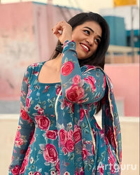 Women's Blue Floral Printed Georgette Anarkali Gown with Dupatta