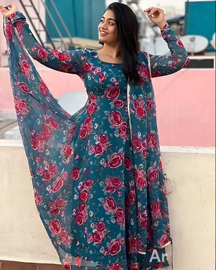 Women's Blue Floral Printed Georgette Anarkali Gown with Dupatta
