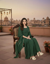 Women's Green Leheriya Print Kurta Sharara Set with Cape Dupatta  Alternative Titles: