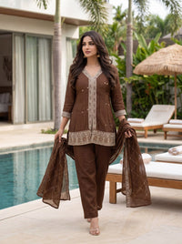 Women's Brown Ethnic Wear Kurta Palazzo Dupatta Set