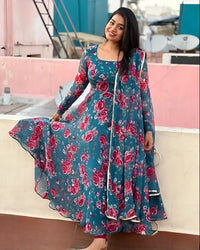 Women's Blue Floral Printed Georgette Anarkali Gown with Dupatta