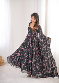 Womens Beautiful Flower Printed Party Wear Gown with Dupatta
