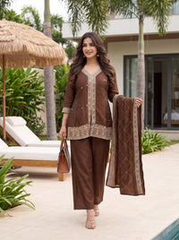 Women's Brown Ethnic Wear Kurta Palazzo Dupatta Set