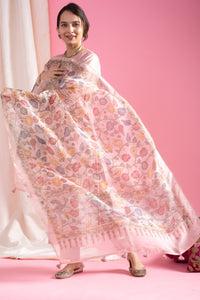 Women's Light Pink Silk Blend Kurta Pant Set with Kalamkari Printed Organza Dupatta | Embroidered V-Neck Kurti Set