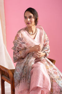Women's Light Pink Silk Blend Kurta Pant Set with Kalamkari Printed Organza Dupatta | Embroidered V-Neck Kurti Set