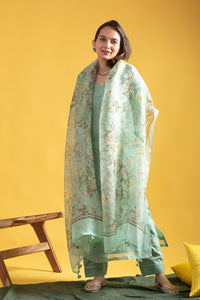 Women's Sage Green Embroidered V-Neck Kurta Set with Kalamkari Printed Dupatta  3. Product Description: