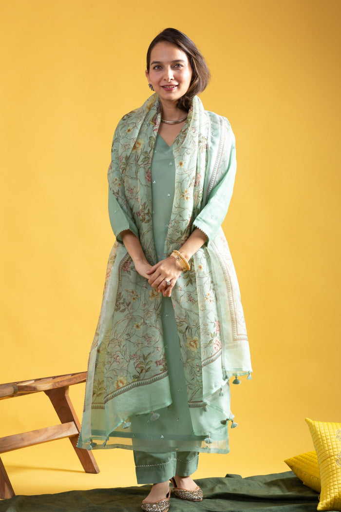 Women's Sage Green Embroidered V-Neck Kurta Set with Kalamkari Printed Dupatta  3. Product Description:
