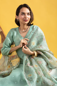Women's Sage Green Embroidered V-Neck Kurta Set with Kalamkari Printed Dupatta  3. Product Description: