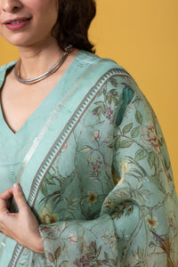 Women's Sage Green Embroidered V-Neck Kurta Set with Kalamkari Printed Dupatta  3. Product Description:
