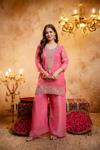 Trendy Women Embroidered Kurti with Palazzo & Dupatta Set - Pink