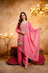 Trendy Women Embroidered Kurti with Palazzo & Dupatta Set - Pink