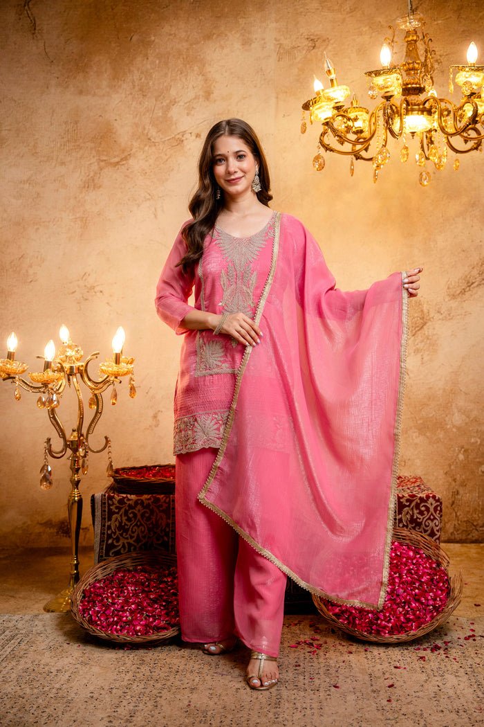 Trendy Women Embroidered Kurti with Palazzo & Dupatta Set - Pink