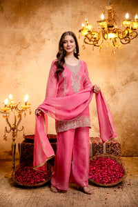 Trendy Women Embroidered Kurti with Palazzo & Dupatta Set - Pink