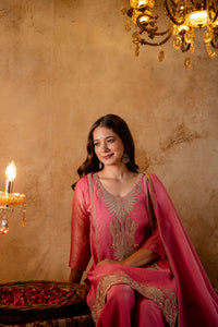 Trendy Women Embroidered Kurti with Palazzo & Dupatta Set - Pink