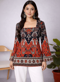 Women Floral Printed Rayon Top with Bell Sleeves
