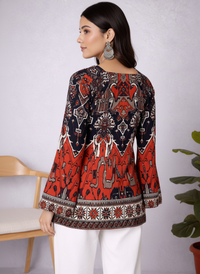 Women Floral Printed Rayon Top with Bell Sleeves