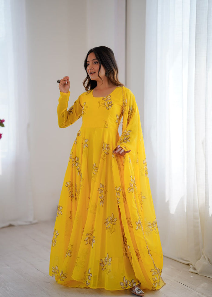 Womens Elegant Floral Print Flared Gown with Dupatta