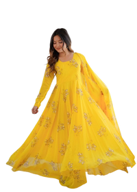 Womens Elegant Floral Print Flared Gown with Dupatta