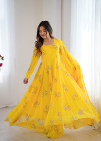 Womens Elegant Floral Print Flared Gown with Dupatta
