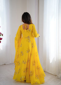 Womens Elegant Floral Print Flared Gown with Dupatta