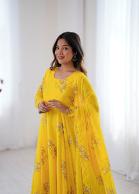 Womens Elegant Floral Print Flared Gown with Dupatta