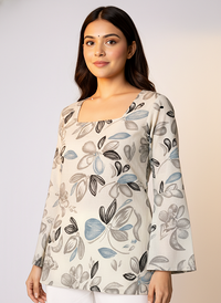 Women's Beige Floral Printed Square Neck A-Line Top