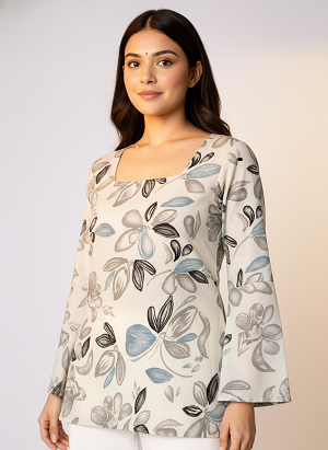 Women's Beige Floral Printed Square Neck A-Line Top