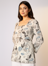Women's Beige Floral Printed Square Neck A-Line Top
