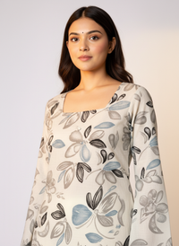 Women's Beige Floral Printed Square Neck A-Line Top